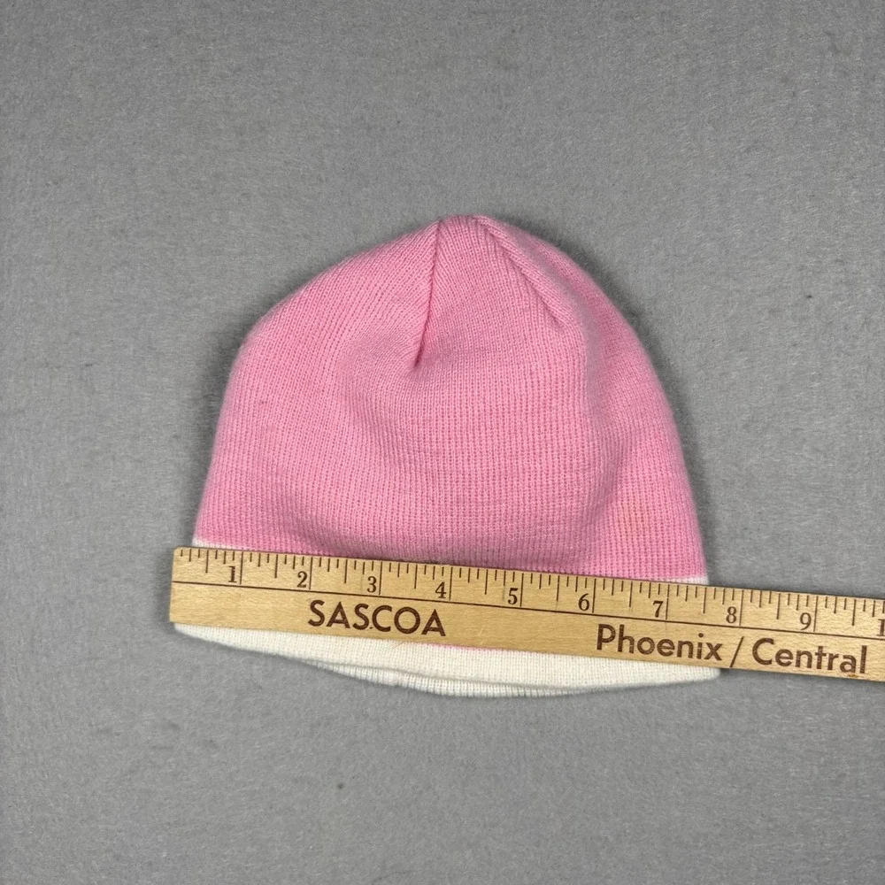 Vintage Nike Girls Beanie Pink White Striped Swoosh Knit Winter Hat Youth OS Y2K